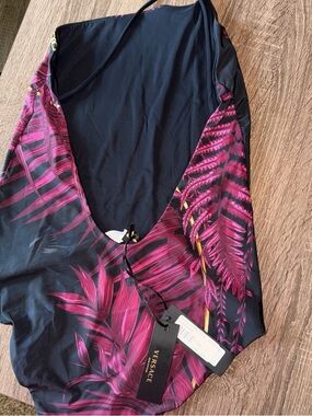 Versace Black One-Piece with Hot Pink Tropical Leaf Print